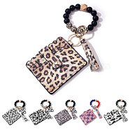 Leather Wristlet Keychain Bracelet Wallet for Women, Silicone & Wood Beaded Wristlet Card Holder with Tassel, Leopard Print Pattern, 11.1x9.5cm, Bracelet: 56mm Inner Diameter(JX633A)