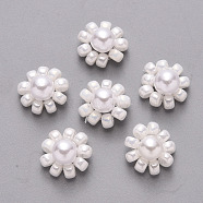 Glass Seed Beads Charms, with ABS Plastic Imitation Pearl and Golden Tone Brass Findings, Flower, White, 10x5mm(FIND-R086-05J)