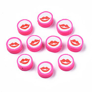Handmade Polymer Clay Beads, Flat Round with Mouth, Hot Pink, 9.5~10x4~4.5mm, Hole: 1.6mm(CLAY-N011-44A-05)