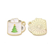 Christmas Theme Rack Plating Alloy Enamel Charms, with Glitter Powder, Light Gold Tone Cup with Christmas Tree Pattern, Seashell Color, 14.5x14.5x1.5mm, Hole: 1.7mm(PALLOY-O109-29LG)