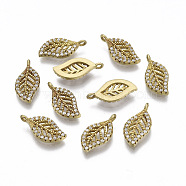 Brass Micro Pave Cubic Zirconia Charms, Leaf, Nickel Free, Clear, Unplated, 14.5x7x2mm, Hole: 1mm(KK-F731-13C-NF)