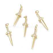 Brass Micro Pave Clear Cubic Zirconia Pendants, with Jump Rings, Long-Lasting Plated, Sword, Golden, 31.5x8x2.5mm, Hole: 3mm(ZIRC-I048-16G)