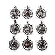 Natural & Synthetic Mixed Gemstone Pendants, Flat Round with Hexagram Charms, with Antique Silver Plated Alloy Findings, Mixed Dyed and Undyed, 42.5x37x8mm, Hole: 5.5x4mm(G-L524-05AS)