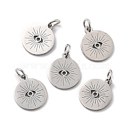 201 Stainless Steel Charms, with Jump ring, Flat Round with Evil Eye, Stainless Steel Color, 14x12x1mm, Hole: 3mm, Jump Ring: 5x1mm(STAS-G253-01P)