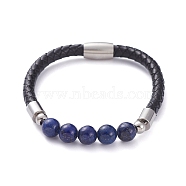 Unisex Leather Cord Bracelets, with Natural Lapis Lazuli(Dyed) Round Beads, 304 Stainless Steel Magnetic Clasps and Rondelle Beads, with Cardboard Packing Box, 8-1/8 inch(20.5cm)(BJEW-JB04852-03)