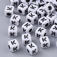 White Opaque Acrylic Beads, Horizontal Hole, Cube with Black Alphabet, Letter.K, 4~5x4~5x4~5mm, Hole: 1.8mm, about 6470~6500pcs/500g(MACR-R869-02K)