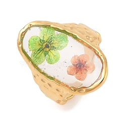 Oval Ion Plating(IP) 304 Stainless Steel Open Cuff Rings for Women, with Epoxy Resin & Dried Flower inside, Golden, 26mm, Adjustable(RJEW-Z052-02G)