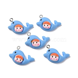 Opaque Resin Pendants, with Platinum Tone Iron Loops, Dolphin with Smiling Face, Dodger Blue, 22x27x8mm, Hole: 2mm(RESI-G032-A03)