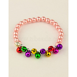 Fashion Imitation Acrylic Pearl Stretchy Bracelets for Kids, with Brass Bell Pendants, for Christmas, Pink, 45mm(BJEW-JB01056-04)