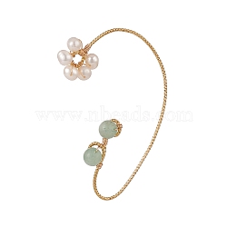 Natural Green Aventurine & Pearl Braided Flower Cuff Earrings, Gold Platd Brass Wire Wrap Climber Wrap Around Earrings for Non Piercing, 58.5x37.5x1mm(EJEW-JE04957-03)