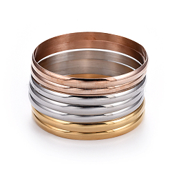 Fashion Tri-color 304 Stainless Steel Buddhist Bangle Sets, Multi-color, 2-3/8 inch(6cm), 7pcs/set(BJEW-L664-024B-M)