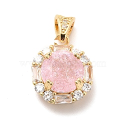 Brass Micro Pave Clear Cubic Zirconia Pendants, with Faceted Glass, Flat Round, Real 18K Gold Plated, Pink, 16.5x14x7mm, Hole: 5x2.5mm(KK-I695-008C)