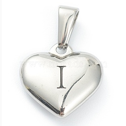 304 Stainless Steel Pendants, Heart with Black Letter, Stainless Steel Color, Letter.I, 16x16x4.5mm, Hole: 7x3mm(STAS-P278-01I-P)