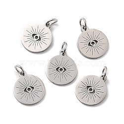 201 Stainless Steel Charms, with Jump ring, Flat Round with Evil Eye, Stainless Steel Color, 14x12x1mm, Hole: 3mm, Jump Ring: 5x1mm(STAS-G253-01P)