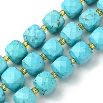 Synthetic Blue Turquoise Beads Strands, with Seed Beads, Faceted Cube, 8~9x8~9x8~9mm, Hole: 0.9~1mm, about 35~39pcs/strand, 14.80''~15.16''(37.6~38.5cm)