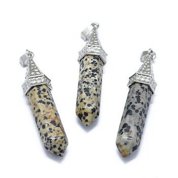 Natural Dalmatian Jasper Pointed Pendants, with Alloy Findings, Bullet, Platinum, 61x14.5x12.5mm, Hole: 3.5x
7.5mm
