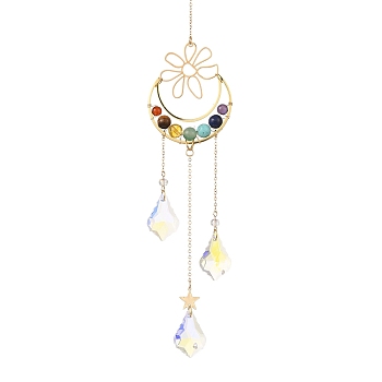 Chakra Natural & Synthetic Gemstone Beaded Wrapped Brass Moon Hanging Suncatchers, 201 Stainless Steel Flower & Teardrop Glass Charms for Home Decorations, Golden, 310mm