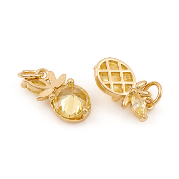 Brass Micro Pave Cubic Zirconia Charms, with Jump Ring, Pineapple, Yellow, Real 18K Gold Plated, 10.5x6x3.5mm, Jump Ring: 4x0.6mm, Hole: 2.5mm