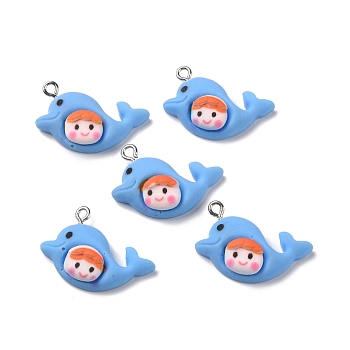 Opaque Resin Pendants, with Platinum Tone Iron Loops, Dolphin with Smiling Face, Dodger Blue, 22x27x8mm, Hole: 2mm