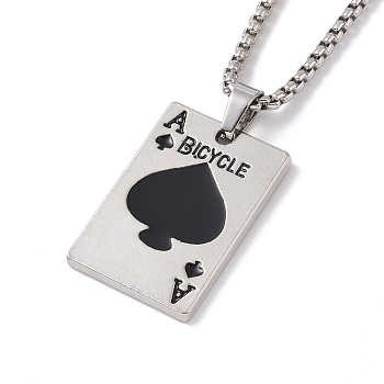 201 Stainless Steel Chain, Zinc Alloy Pendant and Enamel Necklaces, Playing Card, Black, 23.43 inch(59.5cm)