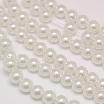 Eco-Friendly Dyed Glass Pearl Round Bead Strands, Cotton Cord Threaded, White, 6mm, Hole: 0.7~1.1mm, about 72pcs/strand, 15 inch