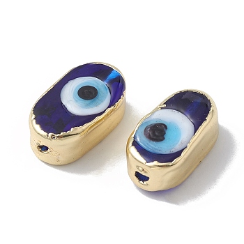 Brass Beads, with Enamel, Real 18K Gold Plated, Oval with Evil Eye, Black, 14x8x6mm, Hole: 1.4mm