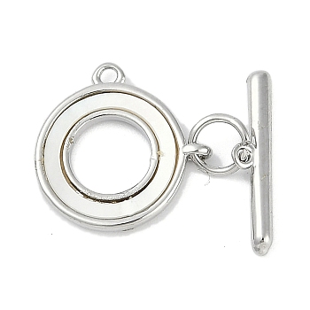 Brass & Shell Toggle Clasps, Flat Round, Platinum, Flat Round: 15x15x1.5mm, Hole: 1.2mm, Bar: 16x4x2mm, Hole: 1mm