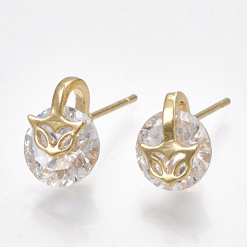 Brass Cubic Zirconia Stud Earrings, Fox, Clear, Real 18K Gold Plated, 10x8mm, Pin: 0.7mm