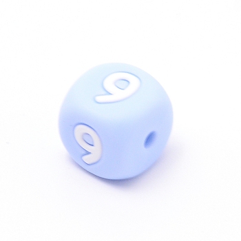 Silicone Beads, for Bracelet or Necklace Making, Arabic Numerals Style, Light Sky Blue Cube, Num.9, 10x10x10mm, Hole: 2mm