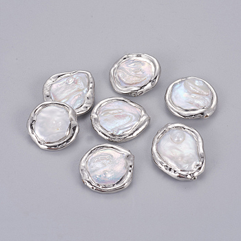 Natural Cultured Freshwater Pearl Beads, with Brass Edge, Nuggets, White, Platinum, 22.5~27x18~21x5.5~9.5mm, Hole: 1mm