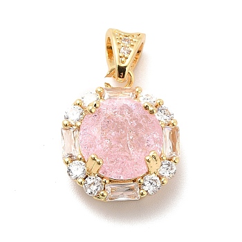 Brass Micro Pave Clear Cubic Zirconia Pendants, with Faceted Glass, Flat Round, Real 18K Gold Plated, Pink, 16.5x14x7mm, Hole: 5x2.5mm