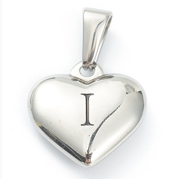 304 Stainless Steel Pendants, Heart with Black Letter, Stainless Steel Color, Letter.I, 16x16x4.5mm, Hole: 7x3mm