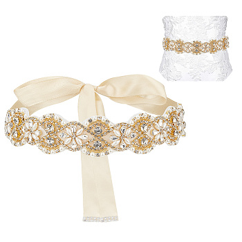 Brass Flower Bridal Belt with Glass Rhinestones for Wedding Dress, Polyester Ribbon with ABS Plastic Pearl Beaded Exquisite Sash for Wedding Belt, Light Yellow, 104-3/4 inch(266cm)