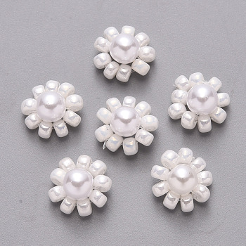 Glass Seed Beads Charms, with ABS Plastic Imitation Pearl and Golden Tone Brass Findings, Flower, White, 10x5mm