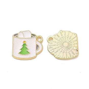 Christmas Theme Rack Plating Alloy Enamel Charms, with Glitter Powder, Light Gold Tone Cup with Christmas Tree Pattern, Seashell Color, 14.5x14.5x1.5mm, Hole: 1.7mm