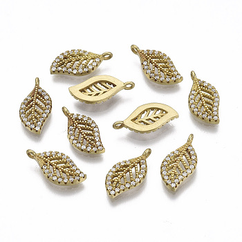 Brass Micro Pave Cubic Zirconia Charms, Leaf, Nickel Free, Clear, Unplated, 14.5x7x2mm, Hole: 1mm