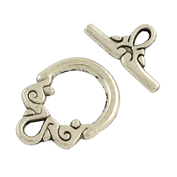 Tibetan Style Toggle Clasps, Cadmium Free & Lead Free, Antique Silver, Flat Round: 20x15x2mm, Hole: 2x3mm, Bar: 17x9x2mm, Hole: 2x3mm, about 500pcs/1000g