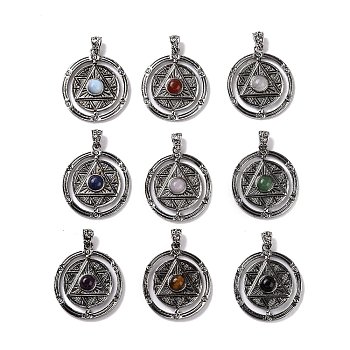 Natural & Synthetic Mixed Gemstone Pendants, Flat Round with Hexagram Charms, with Antique Silver Plated Alloy Findings, Mixed Dyed and Undyed, 42.5x37x8mm, Hole: 5.5x4mm
