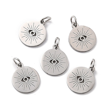 201 Stainless Steel Charms, with Jump ring, Flat Round with Evil Eye, Stainless Steel Color, 14x12x1mm, Hole: 3mm, Jump Ring: 5x1mm