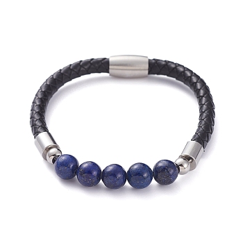 Unisex Leather Cord Bracelets, with Natural Lapis Lazuli(Dyed) Round Beads, 304 Stainless Steel Magnetic Clasps and Rondelle Beads, with Cardboard Packing Box, 8-1/8 inch(20.5cm)