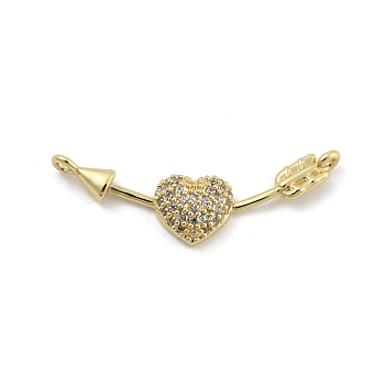 Brass Micro Pave Clear Cubic Zirconia Connector Charms, Heart Links with Arrow, Golden, 8x27.5x3mm, Hole: 1.2mm