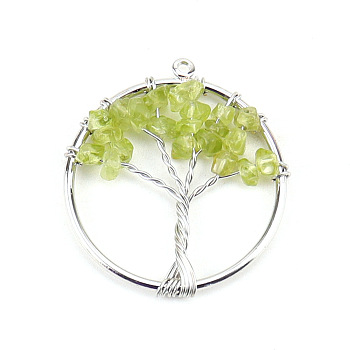 Natural Peridot Tree fo Life Pendants, Iron Ring Chip Gems Tree Charms, Platinum, 30mm