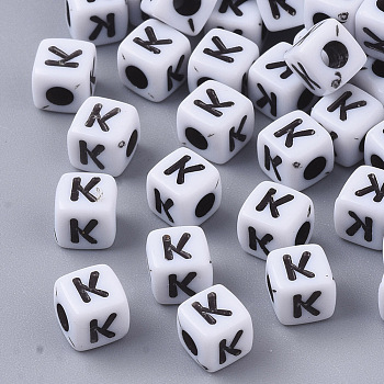 White Opaque Acrylic Beads, Horizontal Hole, Cube with Black Alphabet, Letter.K, 4~5x4~5x4~5mm, Hole: 1.8mm, about 6470~6500pcs/500g