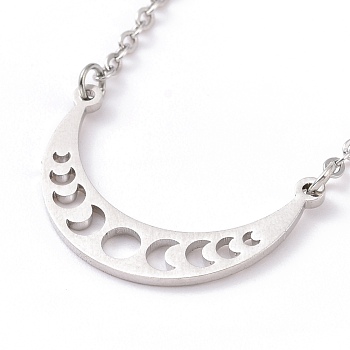 Alloy Moon Phase Pendant Necklace for Women, Stainless Steel Color, 19.49 inch(49.5cm)
