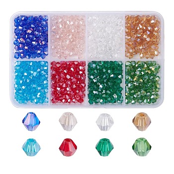 8 Strands 8 Color Faceted Bicone Transparent Glass Beads Strands, AB Color Plated, for DIY Crafting, Mixed Color, 4x4mm, Hole: 1mm, about 92~96pcs/strand, 13.78~14.37 inch(35~36.5cm), 1 Strand/color