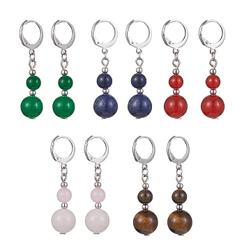 Round Natural Gemstone Dangle Earrings, 304 Stainless Steel Leverback Earring for Women, 40~41x10~10.5mm