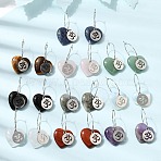 Natural & Synthetic Gemstone & 304 Stainless Steel Hoop Earrings for Women, Flat Round with Hindu Aum Om Symbol Pattern & Heart, Stainless Steel Color, 35x20mm(EJEW-G475-04P)