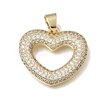 Brass Micro Pave Clear Cubic Zirconia Pendants, Heart Charms, Lead Free & Cadmium Free, Rack Plating, Long-Lasting Plated, Real 18K Gold Plated, 20.5x23x3.5mm, Hole: 6x4.5mm(KK-E802-02G)