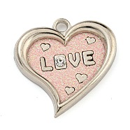 Alloy Pendants, with PU Leather, Rhinestone and Glitter Powder, Heart with Word Love, Cadmium Free & Lead Free, for Valentine's Day, Pink, 29x29.5x4mm, Hole: 3mm(FIND-C052-01P-01)