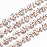 Brass Chains, Butterfly Link Chains, Unwelded, with Spool , Rose Gold, Butterfly: 9x8x2.3mm, Heart: 5.8x6.3x2.1mm, about 16.4 Feet(5m)/roll(CHC-S009-006RG)